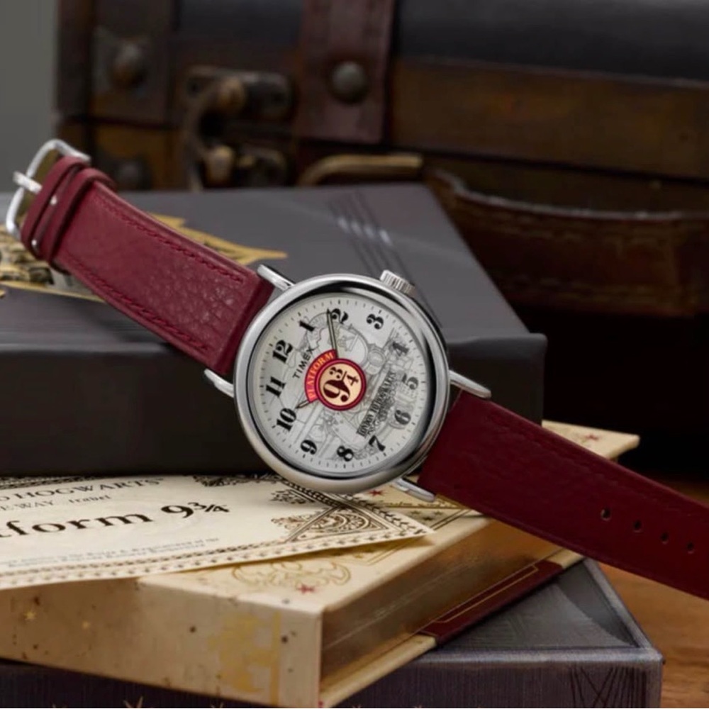 Timex Harry Potter Themed Silver Dial Watch with Burgundy Leather Strap